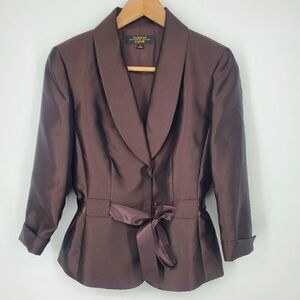 Tahari Brown Satin Shawl Collar Jacket with Tie Waist